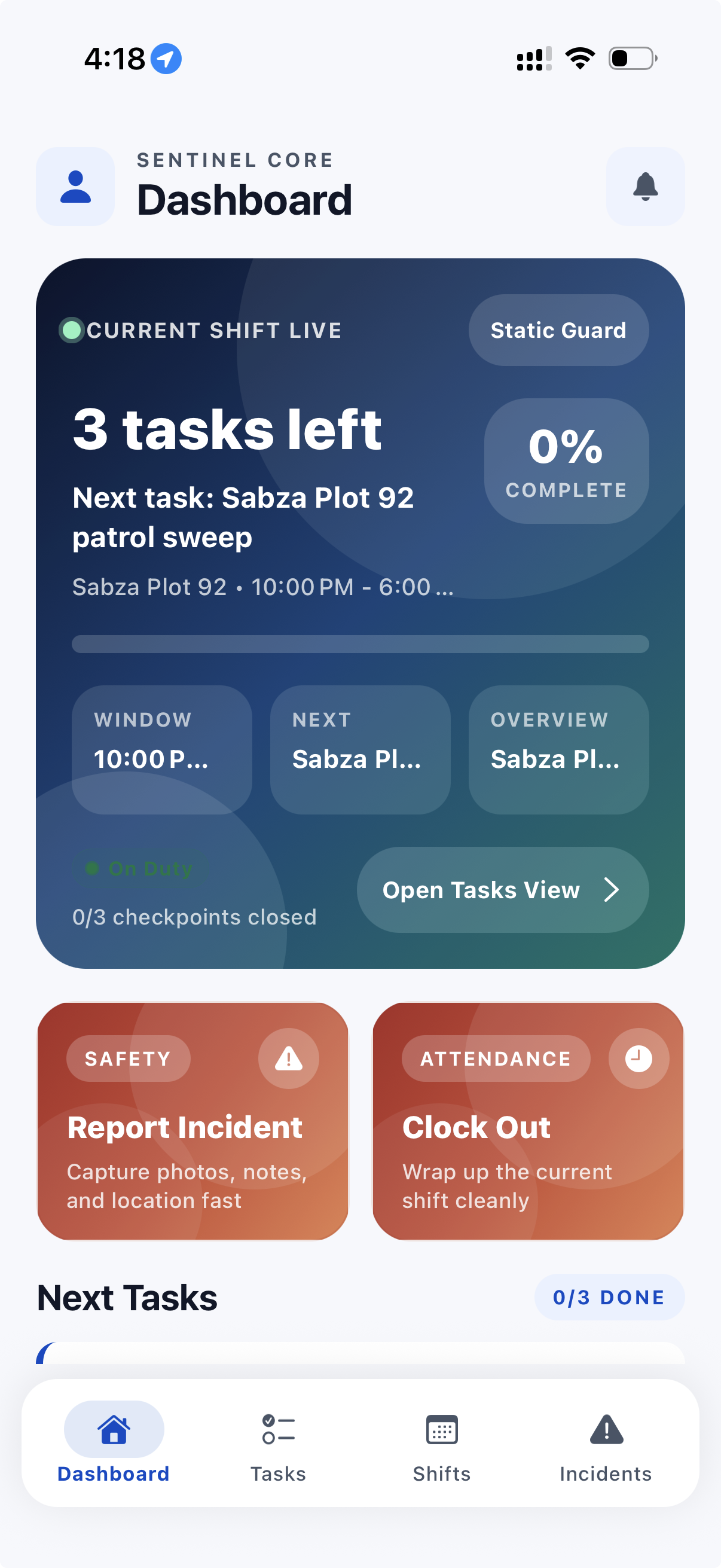 Guard tour dashboard showing the live shift, open tasks view, incident reporting, clock out action, and bottom navigation.