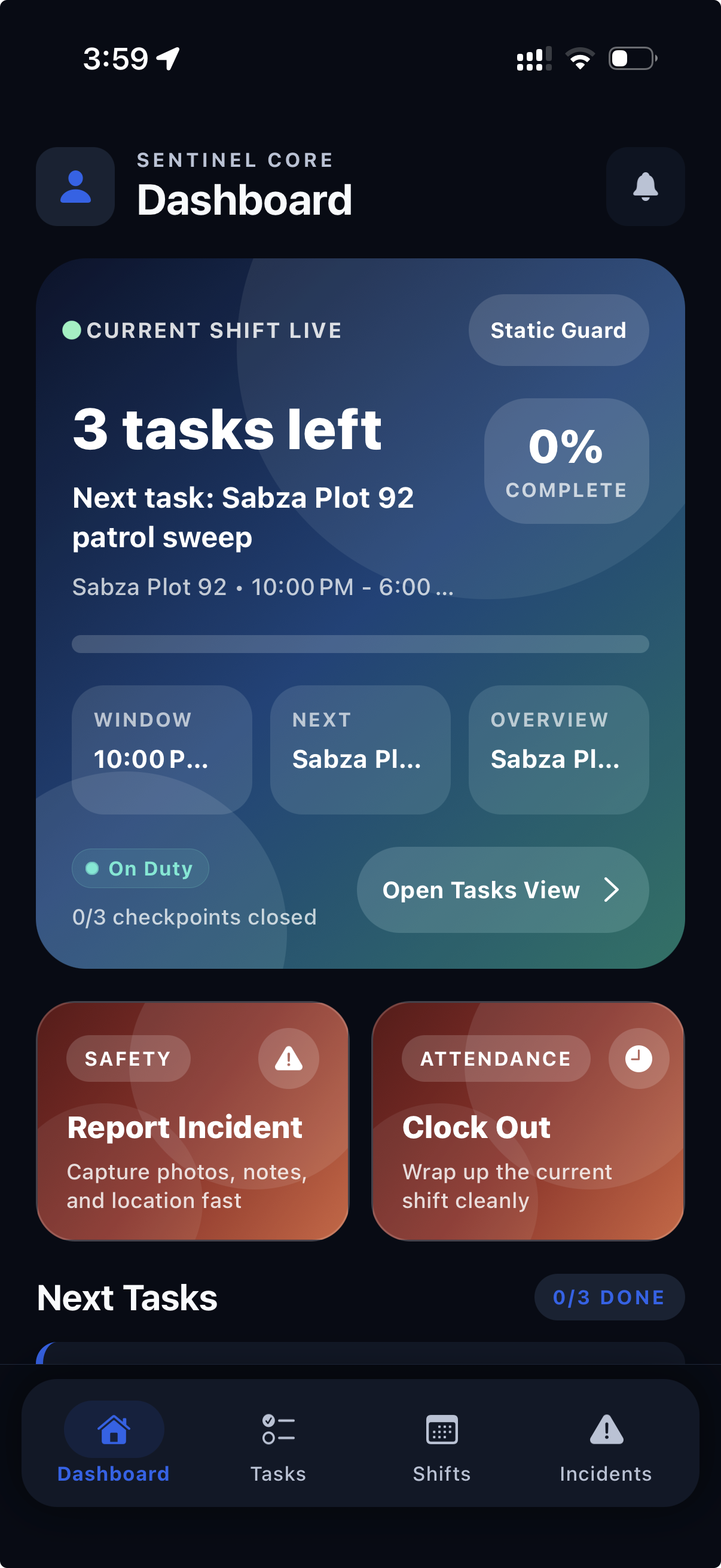 Guard tour dashboard showing the live shift, open tasks view, incident reporting, clock out action, and bottom navigation.