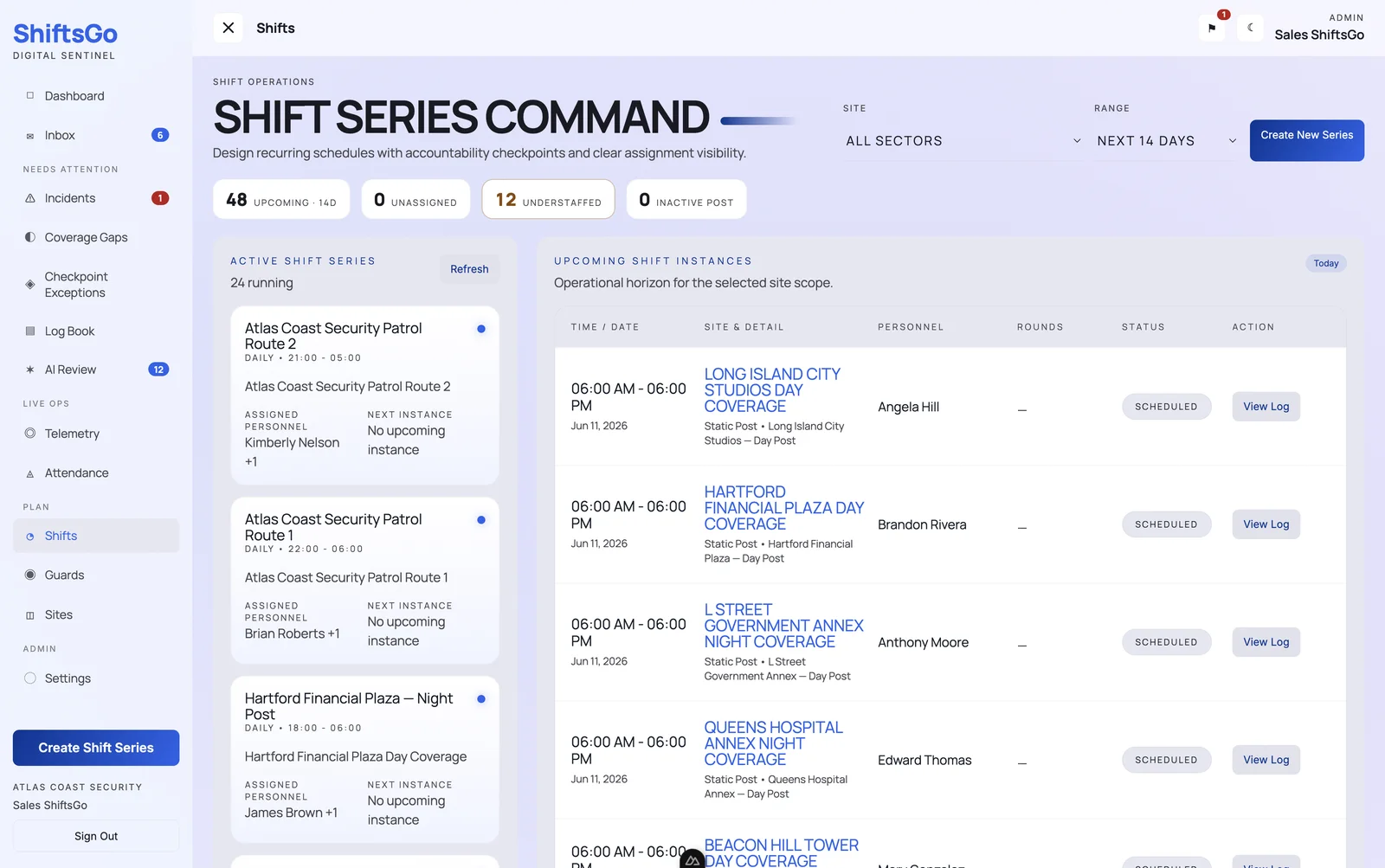 ShiftsGo schedules screen with active shift series, upcoming shift instances, assigned guards, and statuses.