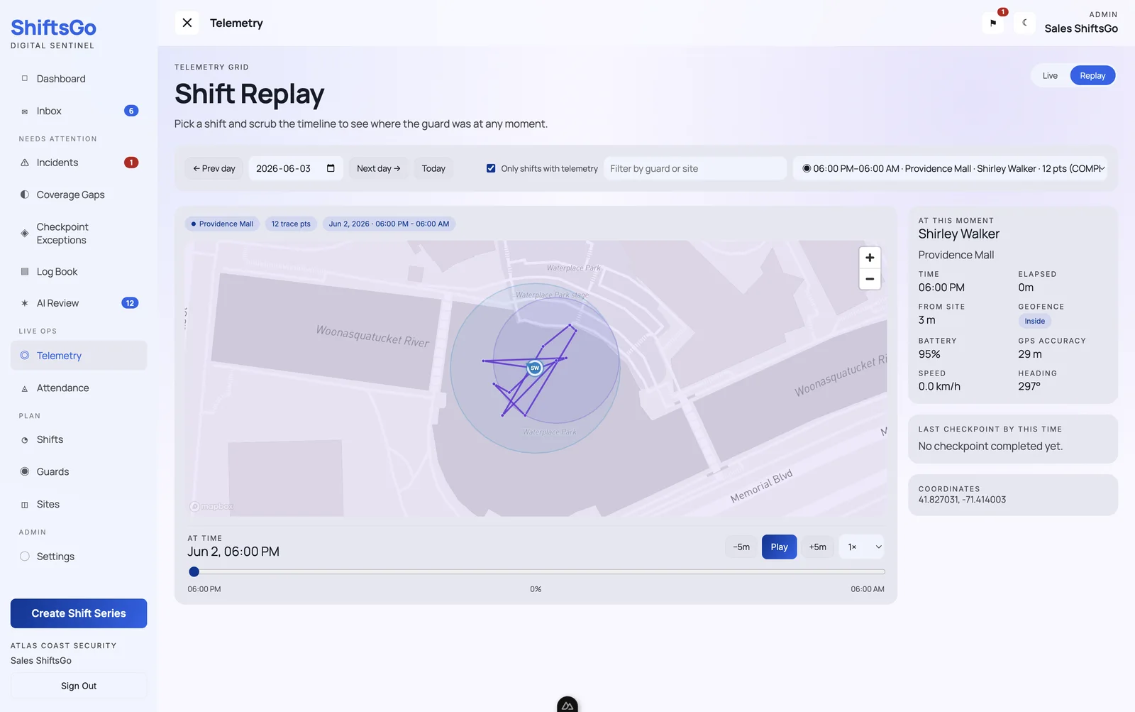 ShiftsGo Shift Replay screen: a recorded patrol played back on a map with timeline scrubber, guard position, speed, battery, and GPS accuracy.